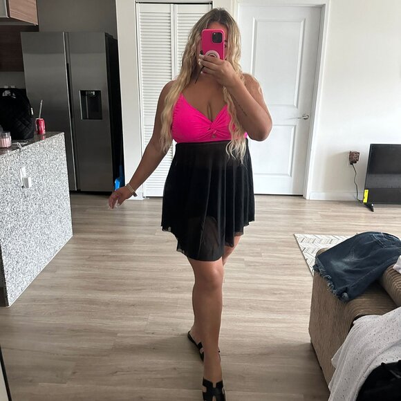 Women's Plus Size Swimsuits Tummy Control Bathing Suits Flowy Mesh Swim Dress - Picture 3 of 12